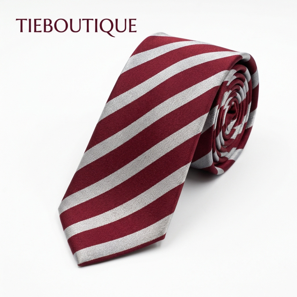 Classic Burgundy & Silver Striped Silk Necktie